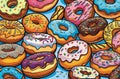 Bright digital cartoon-style image of a multitude of colorful decorated donuts, solid background Royalty Free Stock Photo