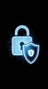 A bright, digital illustration features a glowing blue padlock behind a shield with a Royalty Free Stock Photo
