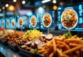 Digital menu screens display a variety of colorful salads and dishes in a modern Royalty Free Stock Photo