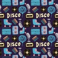 Bright disco ball, microphone, rollers, cassette, tape recorder, vinyl, records shapes. Dark purple background. Colorful hipster Royalty Free Stock Photo