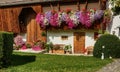 Bright display of windowboxes in Swiss village Royalty Free Stock Photo