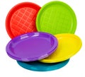 Bright disposable plastic plates on white background Royalty Free Stock Photo