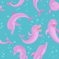 Bright dolphins are smiling. Vector seamless pattern of fish and bubbles. Royalty Free Stock Photo