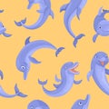 Bright dolphins are smiling. Vector seamless pattern of sea Royalty Free Stock Photo