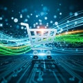Bright dots and light trails suggest digital data flow, creating a technolo Royalty Free Stock Photo