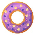 Bright doughnut with purple glaze and lavender. No diet day symbol, unhealthy food, sweet fastfood, sugar snack, extra