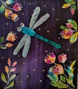 Bright dragonfly kids papercut art. Happy character insect painting paper collage. Summer night texture flower baby