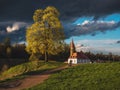 Bright dramatic landscape with views of the old castle at sunset Royalty Free Stock Photo