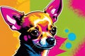 Bright drawing of a dog, chihuahua, on a T-shirt on a dark background. Satirical, pop art style, vibrant colors, iconic