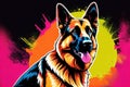Bright drawing of a dog, german shepherd, on T-shirt on a dark background. Satirical, pop art style, vibrant colors Royalty Free Stock Photo