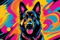 Bright drawing of dog, german shepherd, on T-shirt on dark background. Satirical, pop art style, vibrant colors, iconic Royalty Free Stock Photo