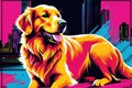 Bright drawing of a dog golden retriever, on T-shirt on a dark background. Satirical, pop art style, vibrant colors Royalty Free Stock Photo