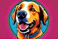 Bright drawing of dog, golden retriever, on T-shirt on dark background. Satirical, pop art style, vibrant colors, iconic Royalty Free Stock Photo