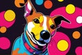 Bright drawing of dog, whippet, on T-shirt on dark background. Satirical, pop art style, vibrant colors, iconic