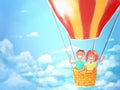 Bright drawing of a girl and a boy flying among the clouds in a large balloon, in a basket, smiling