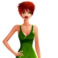 Bright drawing of a gorgeous red-haired Caucasian lady wear