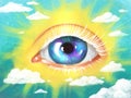Bright drawing poster plat with a third eye, shining in the sky like the sun, surrounded by clouds. Symbol of spiritual awakening