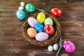 Bright early colored easter eggs wooden background Royalty Free Stock Photo