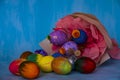 A bright Easter composition consisting of hand-painted eggs