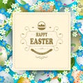 Bright Easter composition with a square frame with interwoven braid, a set of Easter eggs and many colors of blue and