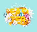 Bright Easter design. Golden letters with colored eggs and spring flowers. Royalty Free Stock Photo