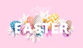 Bright Easter design. White letters with colored eggs and spring flowers. Royalty Free Stock Photo