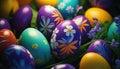 Bright Easter eggs with floral patterns in grass