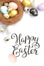 Bright easter eggs with happy Easter lettering, holiday concept. Selective focus