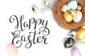 Bright easter eggs with happy Easter lettering, holiday concept. Selective focus