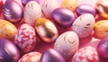 Bright Easter eggs with a metallic sheen on a pink background.