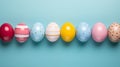 Bright Easter eggs row on blue ai generated background image Royalty Free Stock Photo