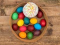 Bright Easter round still life on a wooden background.