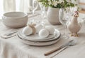Bright Easter Table Setting with White Eggs and Ceramic Hen Royalty Free Stock Photo