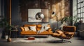 Bright eclectic living room interior in loft style. Concrete grunge wall, vintage brown leather sofa and armchair Royalty Free Stock Photo