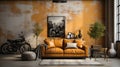 Bright eclectic living room interior in loft style. Dirty gray concrete wall with large poster, vintage leather sofa Royalty Free Stock Photo