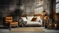 Bright eclectic living room interior in loft style. Dirty gray concrete walls and floor, vintage sofa with cushions and