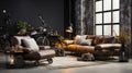 Bright eclectic living room interior in loft style. Gray concrete walls, vintage leather sofa and armchair, several Royalty Free Stock Photo