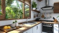 Bright and Eco-Friendly Compact Kitchen Interior with Natural Light and Greenery in Modern Setting Royalty Free Stock Photo