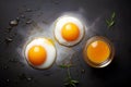 Bright egg yolks and egg whites on dark background with copy space. Omega 3 food. Food rich in Omega-3 vitamin. Minimalistic egg