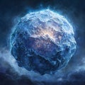 A bright electric blue core is at the center of a glowing energy orb, which radiates light and energy in the darkness Royalty Free Stock Photo