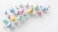 Pastel Easter Background with Colorful Glossy Eggs, Butterflies and Spring Flowers on White Royalty Free Stock Photo
