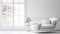 A bright, elegant living room featuring a white chaise lounge and a vase of flowers, radiating a sense of luxury and comfort