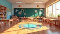 Bright elementary school classroom empty, clean. Sunlight streams through big window, lighting colorful circular rug. Desks, Royalty Free Stock Photo