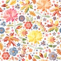Bright embroidery with autumn flowers and leaves on white background. Colorful seamless pattern with embroidered print Royalty Free Stock Photo