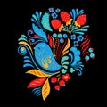 Bright embroidery with flowers, berrias and bird. Tshirt or tote bag ethnic fashion design