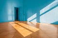 Bright empty apartment room with blue walls and wooden floor Royalty Free Stock Photo