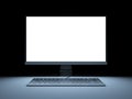 Bright empty computer display and keyboard at night 3d illustration