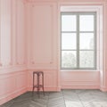 Bright, empty and light coral colored room with big windows. Bar stool, wooden chair.