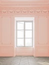 Bright, empty and light coral colored room with big windows.