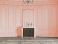 Bright, empty and light coral colored room with fireplace and wall decoration. Royalty Free Stock Photo